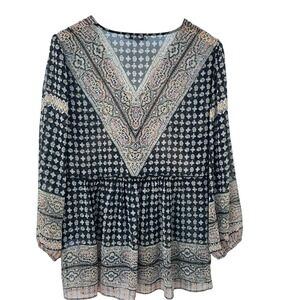 Rose + Olive Tunic Top Bohemian Paisley Print Long Sleeve‎ Large Sheer  NWOT